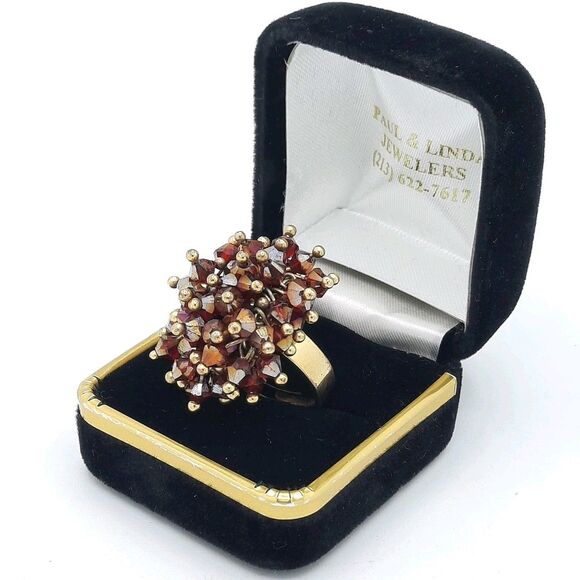 Beaded Bohemian Garnet Gold Tone Cluster Cocktail Ring Size Adjustable - Picture 1 of 5